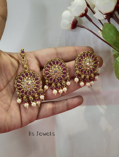Purple Champagne Gold Preet Bollywood Earrings Tikka Set
