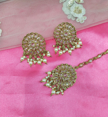 Antique White Champagne Gold Preet Bollywood Earrings Tikka Set