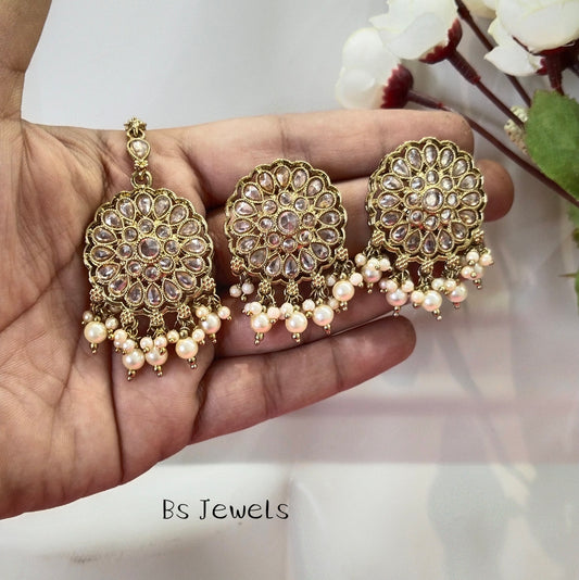 Antique White Champagne Gold Preet Bollywood Earrings Tikka Set