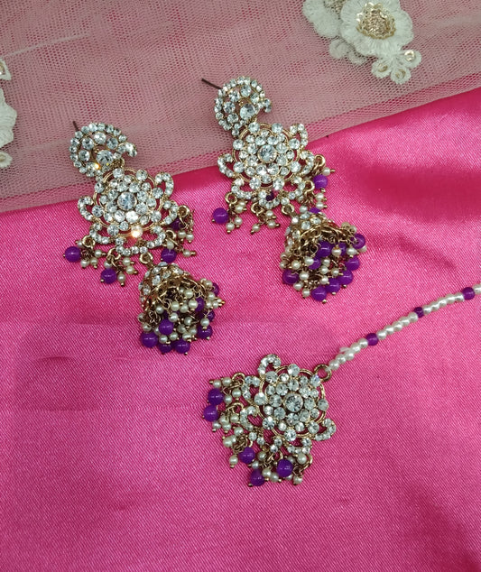 Purple Crystal Ston Jhumka Ways Bollywood Earrings Tikka Set
