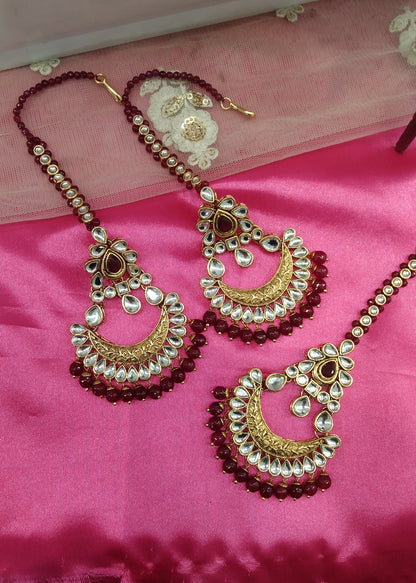 Maroon Kundan Chandbali Jedi Bollywood Earrings Tikka Set