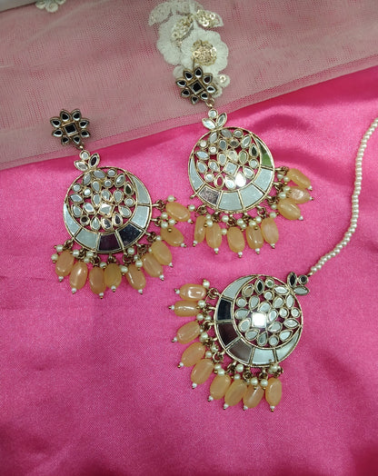 Light Orange Mirror Kundan Chandbali Right Bollywood Earrings Tikka Set
