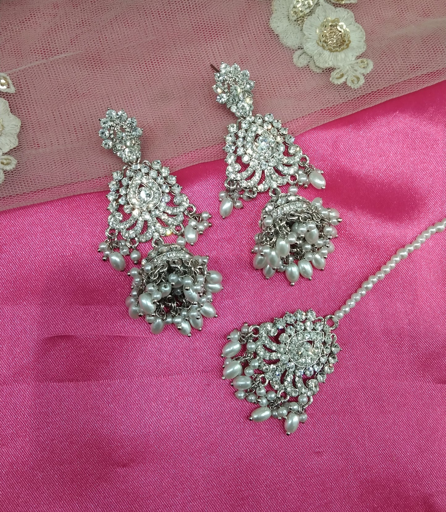 Silver White Crystal Ston Jhumka Ways Bollywood Earrings Tikka Set