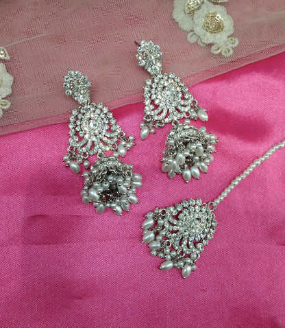 Silver White Crystal Ston Jhumka Ways Bollywood Earrings Tikka Set