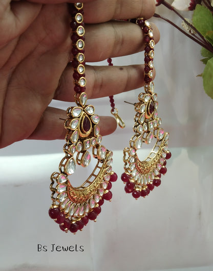 Maroon Kundan Chandbali Jedi Bollywood Earrings Tikka Set