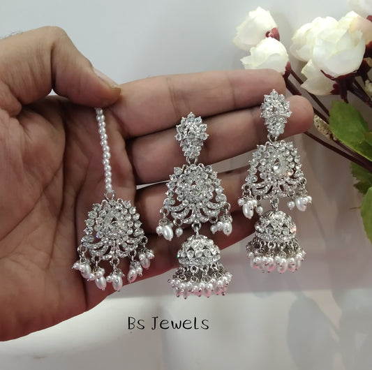 Silver White Crystal Ston Jhumka Ways Bollywood Earrings Tikka Set