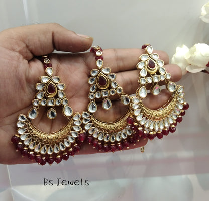 Maroon Kundan Chandbali Jedi Bollywood Earrings Tikka Set