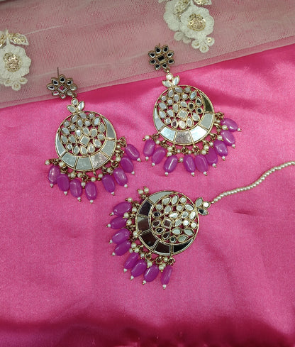 Purple Mirror Kundan Chandbali Right Bollywood Earrings Tikka Set