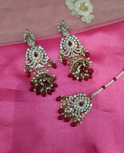 Maroon Crystal Ston Jhumka Ways Bollywood Earrings Tikka Set