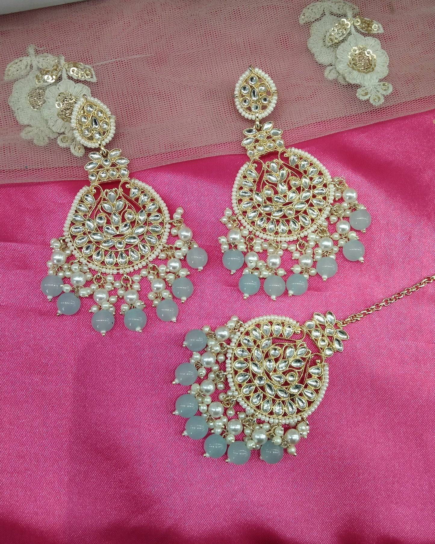 Sea Green Kundan Tape Bollywood Earrings Tikka Set