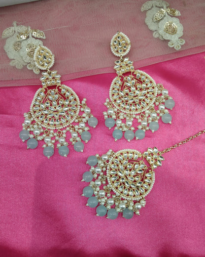 Sea Green Kundan Tape Bollywood Earrings Tikka Set