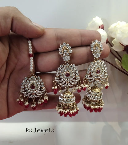 Maroon Crystal Ston Jhumka Ways Bollywood Earrings Tikka Set