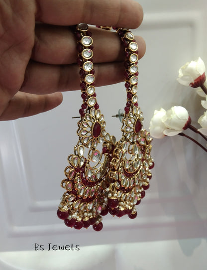 Maroon Kundan Chandbali Jedi Bollywood Earrings Tikka Set
