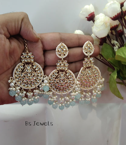 Sea Green Kundan Tape Bollywood Earrings Tikka Set