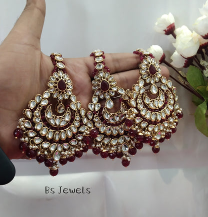 Maroon Kundan Chandbali Jedi Bollywood Earrings Tikka Set