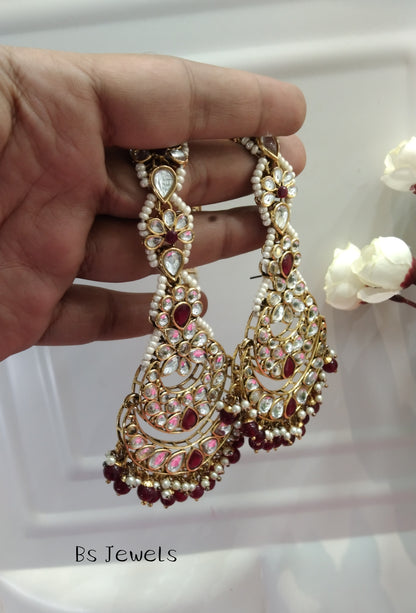 Maroon Kundan Chandbali Jedi Bollywood Earrings Tikka Set