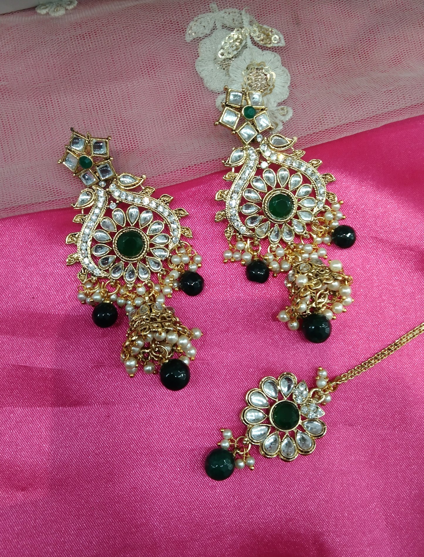 Green Kundan Jhumka Rupinder Bollywood Earrings Tikka Set