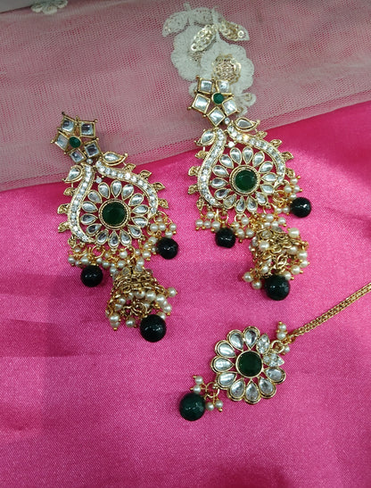 Green Kundan Jhumka Rupinder Bollywood Earrings Tikka Set