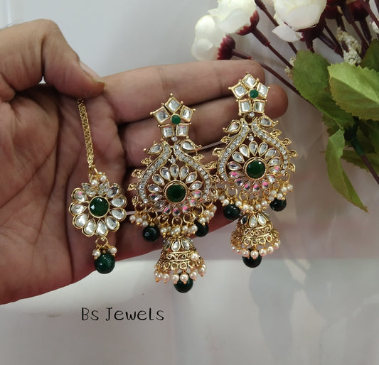 Green Kundan Jhumka Rupinder Bollywood Earrings Tikka Set