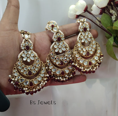 Maroon Kundan Chandbali Jedi Bollywood Earrings Tikka Set