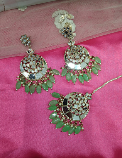 Pista Mirror Kundan Chandbali Right Bollywood Earrings Tikka Set