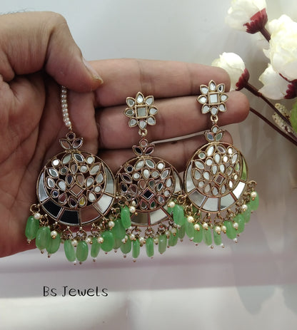 Pista Mirror Kundan Chandbali Right Bollywood Earrings Tikka Set