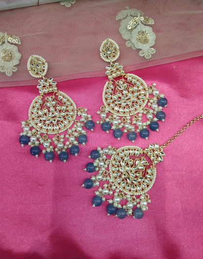 Blue Kundan Tape Bollywood Earrings Tikka Set