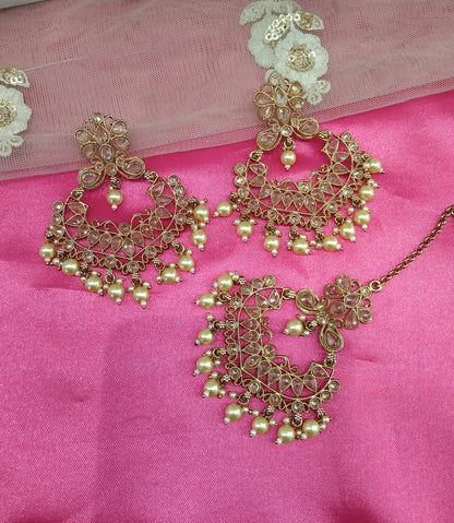 Champagne Gold Stone Meena Bollywood Earrings Tikka Set