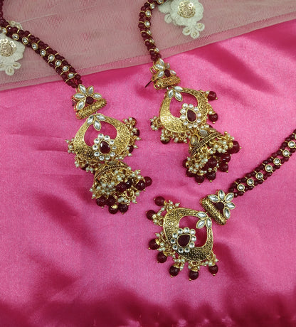 Maroon Kundan Chandbali Jhumka Jedi Bollywood Earrings Tikka Set