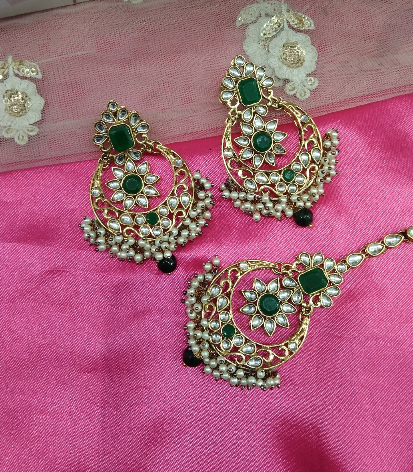 Green Kundan Chandbali Rupinder Bollywood Earrings Tikka Set