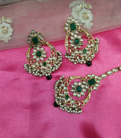Green Kundan Chandbali Rupinder Bollywood Earrings Tikka Set
