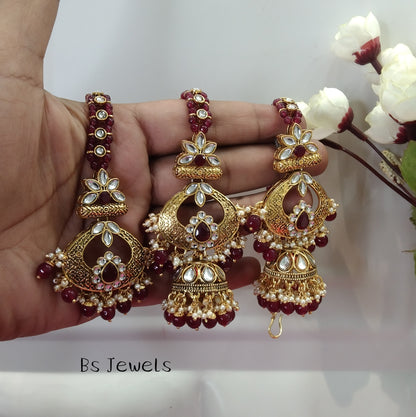 Maroon Kundan Jhumka Jedi Bollywood Earrings Tikka Set