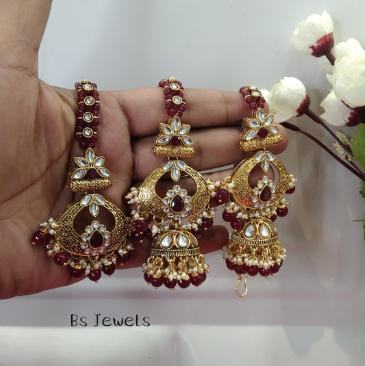 Maroon Kundan Chandbali Jhumka Jedi Bollywood Earrings Tikka Set
