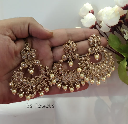 Champagne Gold Stone Meena Bollywood Earrings Tikka Set