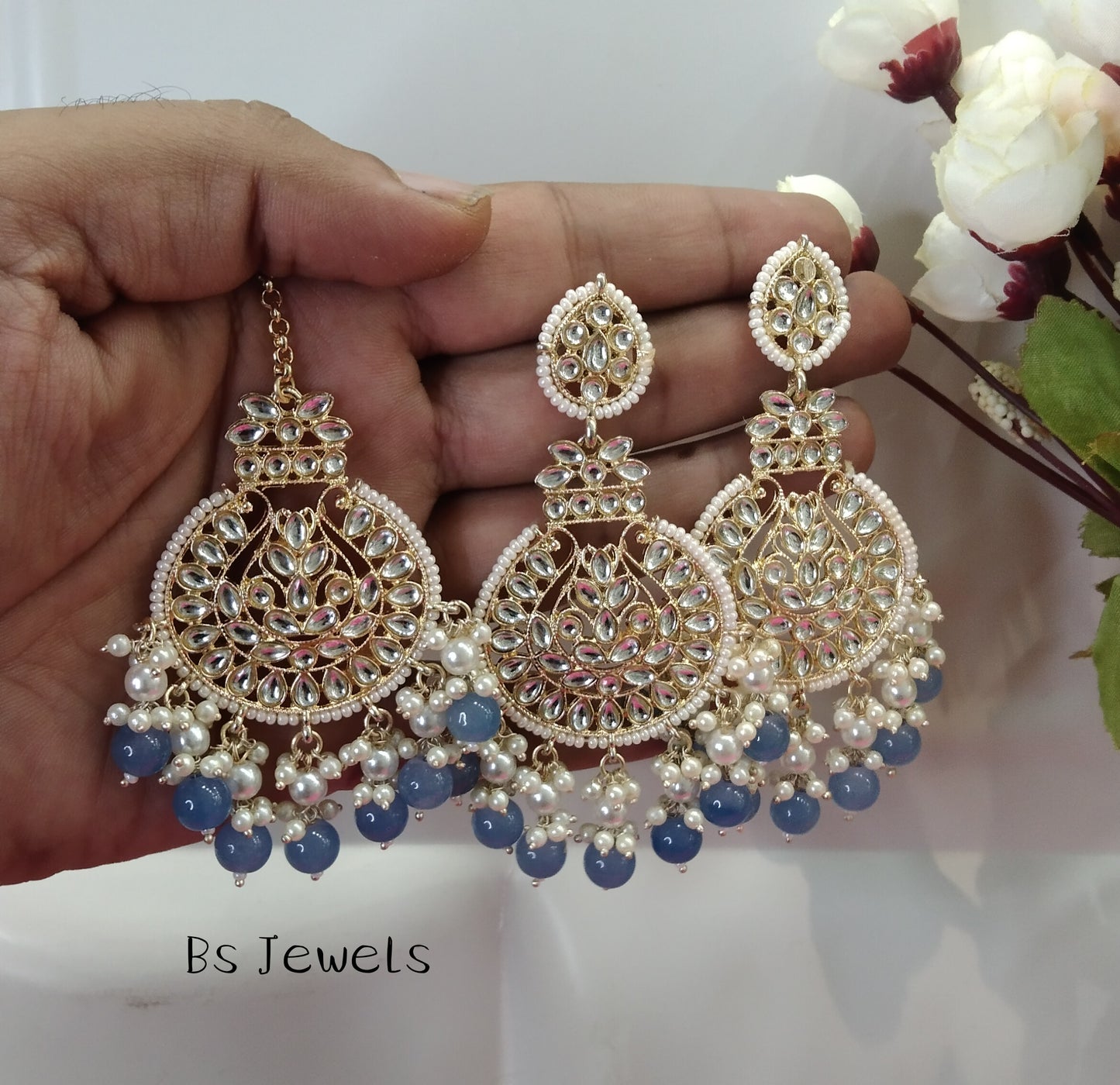 Blue Kundan Tape Bollywood Earrings Tikka Set