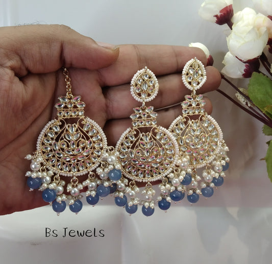 Blue Kundan Tape Bollywood Earrings Tikka Set