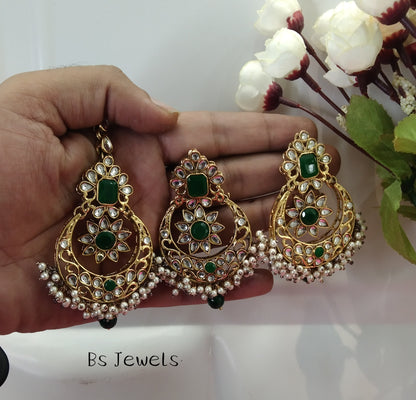 Green Kundan Chandbali Rupinder Bollywood Earrings Tikka Set