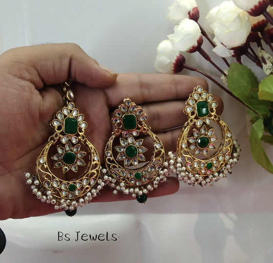 Green Kundan Chandbali Rupinder Bollywood Earrings Tikka Set