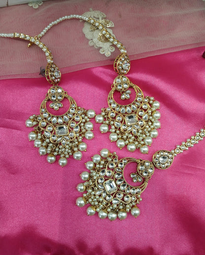 Gold White Kundan Chandbali Group Bollywood Earrings Tikka Set
