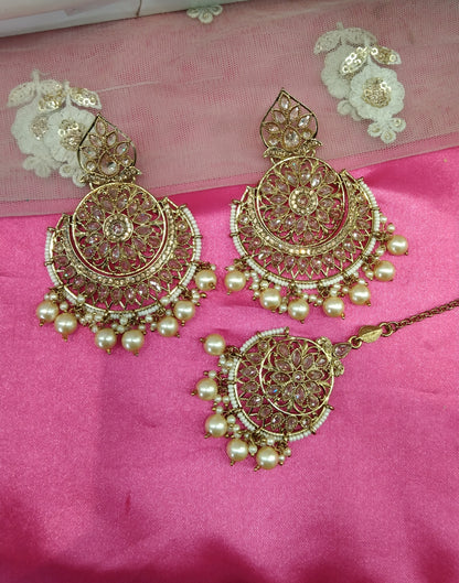 Antique Gold Champagne Gold Reet Bollywood Earrings Tikka Set