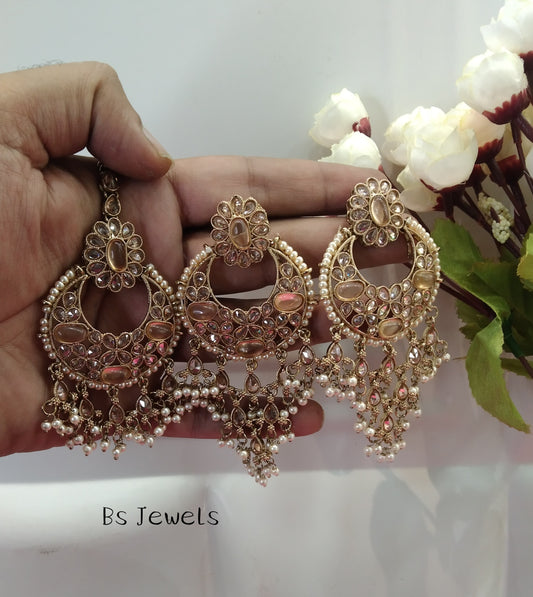 Champagne Gold Stone Meena Bollywood Earrings Tikka Set