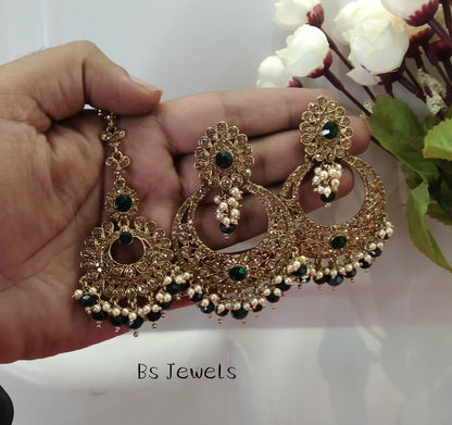 Green Kundan Chnadbali Rupinder Bollywood Earrings Tikka Set