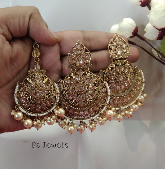Antique Gold Champagne Gold Reet Bollywood Earrings Tikka Set