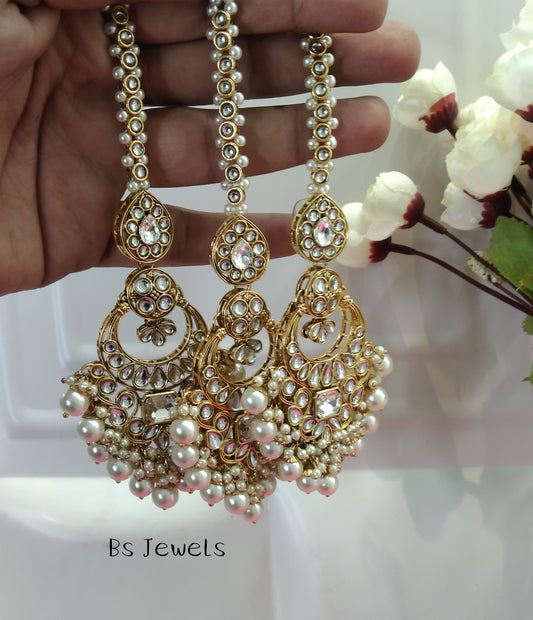 Gold White Kundan Chandbali Group Bollywood Earrings Tikka Set