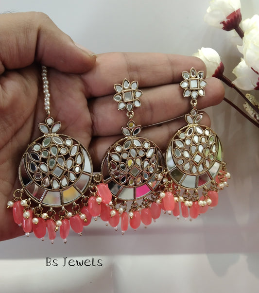 Gaajri Mirror Kundan Chandbali Right Bollywood Earrings Tikka Set