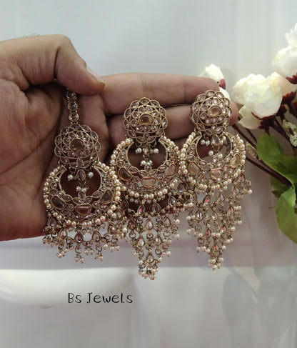 Champagne Gold Stone Chandbali Meena Bollywood Earrings Tikka Set