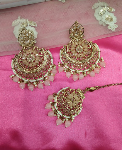 Peach Champagne Gold Reet Bollywood Earrings Tikka Set