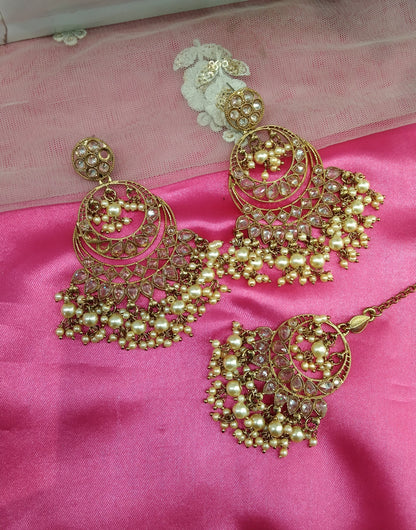 Champagne Gold Stone Chandbali Meena Bollywood Earrings Tikka Set
