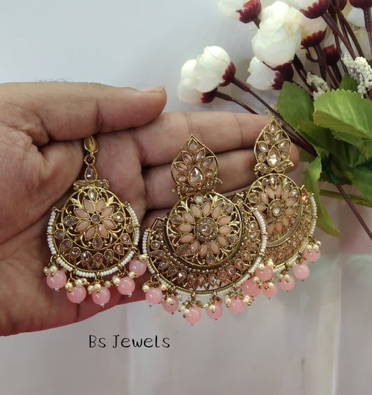 Peach Champagne Gold Reet Bollywood Earrings Tikka Set