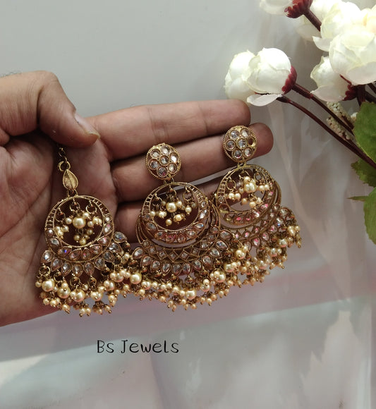 Champagne Gold Stone Chandbali Meena Bollywood Earrings Tikka Set